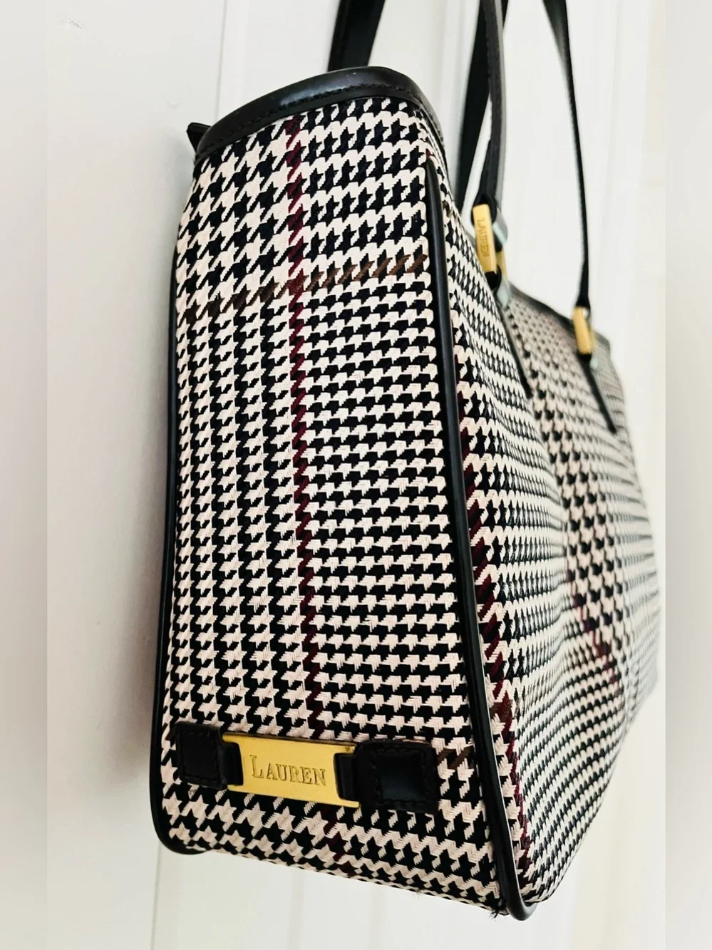 Lauren Ralph Lauren Vintage Houndstooth Tote Bag with Gold Accents
